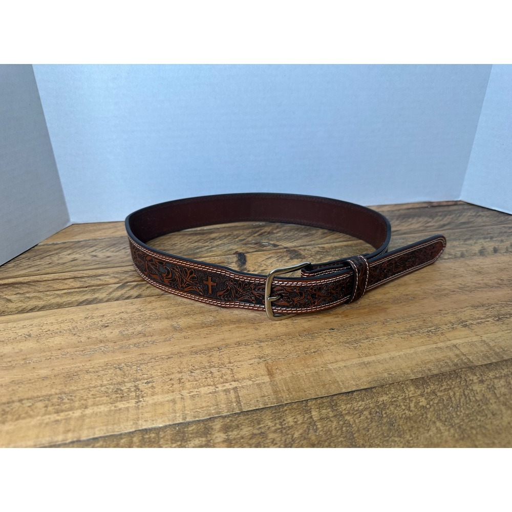Mens size 28 Western Leather Belt‎ Embossed Cross Scrollwork Brown Silver Buckle